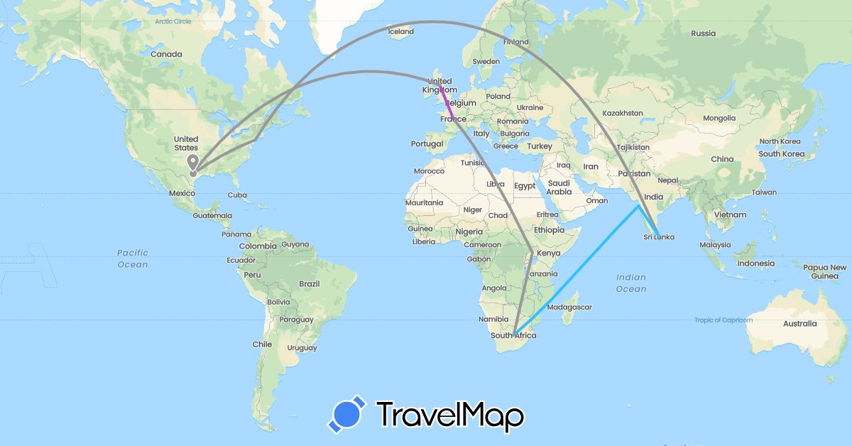 TravelMap itinerary: plane, train, boat in France, United Kingdom, India, Sri Lanka, Uganda, United States, South Africa (Africa, Asia, Europe, North America)
